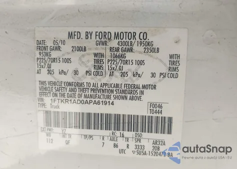2010 Ford Ranger Xl/Xlt from USA, damaged, VIN 1FTKR1AD0APA61914